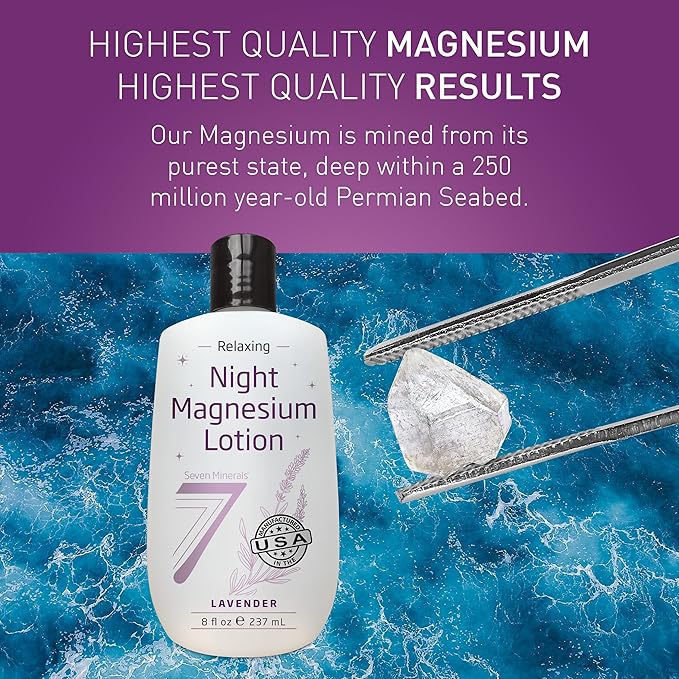 Seven Minerals Magnesium Lotion for Sleep - Lavender Relaxing Night Blend - Highly Concentrated Magnesium for Better Sleep, Body & Mind Relaxation. Non-Greasy Skin Friendly - 8 fl oz