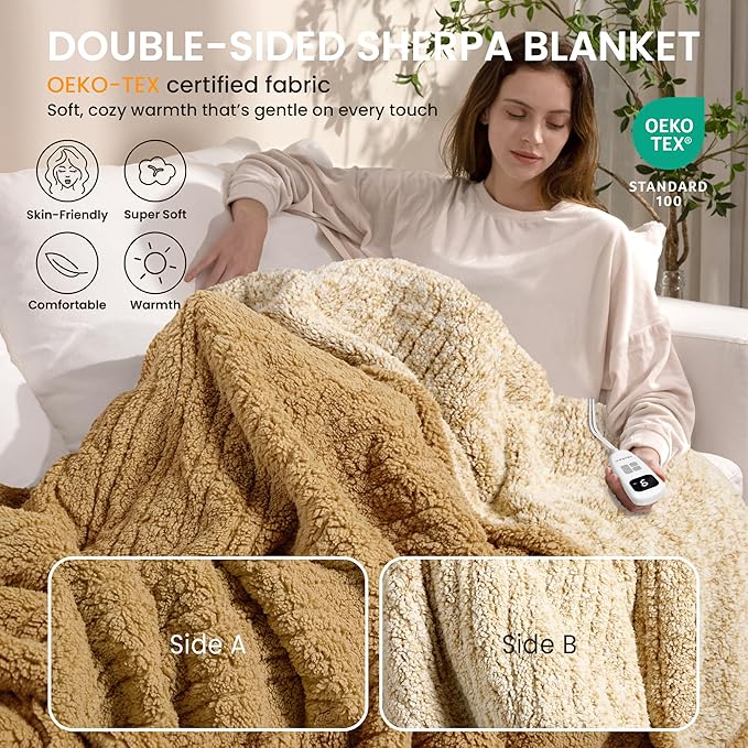 Heated Blanket Electric Blanket Throw - Fast Heating Blanket Throw Double Sided Sherpa Ultra Soft Cozy with 10 Heating Levels & 2-10 Hours Auto Off, Mashine Washable, 50 x 60 Inches, Grey