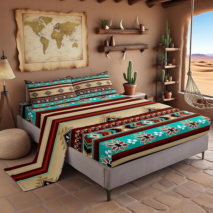 Manfei Aztec Geometric Kids Sheet Queen Size,Southwest Tribal Ethnic Boho Easy Wash Bedding Set,Rustic Farmhouse Bohemian Kids Room Decor,Teal Red Brown Sheet(Fitted+Flat+2 Pillowcases)