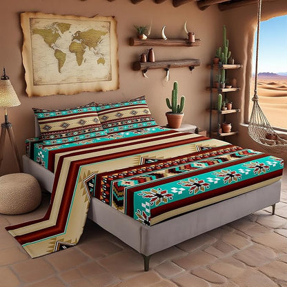 Manfei Aztec Geometric Kids Sheet Queen Size,Southwest Tribal Ethnic Boho Easy Wash Bedding Set,Rustic Farmhouse Bohemian Kids Room Decor,Teal Red Brown Sheet(Fitted+Flat+2 Pillowcases)