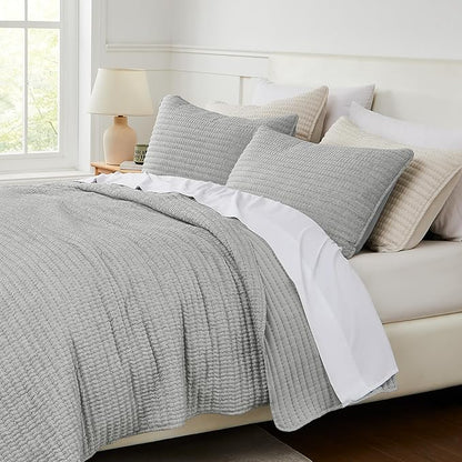 WDCOZY Grey Pick Stitch Twin Size Quilt Set, Striped Channel Lightweight Soft All Season Bedspread, Bamboo Linen Like Textured Coverlet, Farmhouse Country Rustic Bedding, Thin Comforter