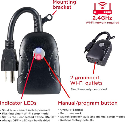 UltraPro Outdoor Smart Plug Wi-Fi Outlet, Smart Home, Smart Switch, Dual Smart Outlet, Works with Alexa, Echo & Google Home, No Hub Required, App Controlled, ETL Certified, Outdoor Timer, Black, 51405