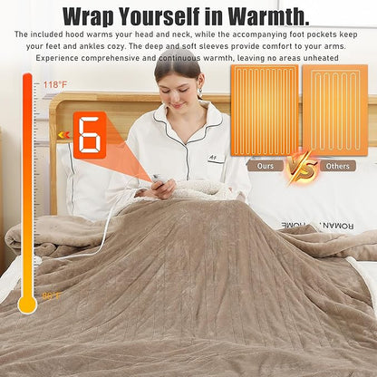 Electric Snuggle Throw Blankets with Foot Pocket, Wearable Heated Throw with Sleeves & Hood, 6 Heat Levels & 1-4H Timer, Full Body Warmth, The Perfect Warming Gift for Women & Men, Camel