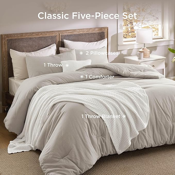 Bedsure 5 Pieces Cotton Comforter Set with Waffle Throw Blanket - Soft Breathable Bedding Set for All Seasons, Beige Queen Comforter, Pillow Shams, White 100% Cotton Blanket, Throw Pillow