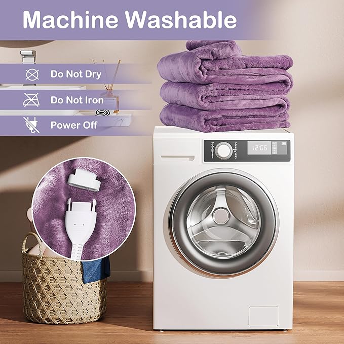 Electric Heated Blanket Queen Size 84"x90", Soft Plush Microplush for Bed, Dual Controllers & Heating Zones, 10Hs Auto Off & 5 Heating Levels, Machine Washable, Gifts for Family-Light Purple