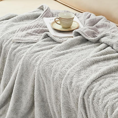 EMME Muslin and Fleece Throw Blanket Reversible - 50"*60" Grey Soft Warm Throw Blankets for Couch Bed Picnic Travel Bed