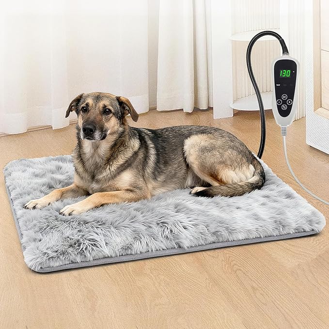 Dog Heating Pad, 32×20 in with Smart Thermostat Switch and Power Line Protection Tube,Obtained MET and UL Dual Certification,Waterproof Pet Heating Pad with Long Velvet Cloth Cover