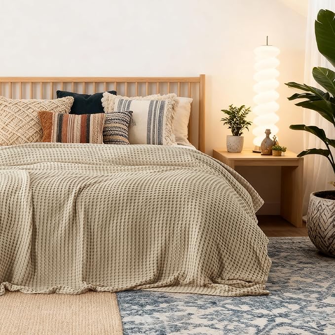 Bedsure Cooling Cotton Waffle King Size Blanket - Lightweight Breathable Summer Blanket of Rayon Derived from Bamboo for Hot Sleepers, Luxury Throws for Bed, Couch and Sofa, Light Brown, 104x90 Inches