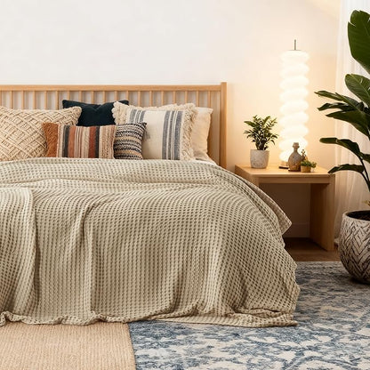 Bedsure Cooling Cotton Waffle Queen Size Blanket -Lightweight Breathable Blanket of Rayon Derived from Bamboo for Hot Sleepers, Luxury Throws for Bed, Couch and Sofa, Light Brown, 90x90 Inches