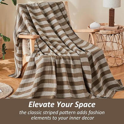 EMME Cotton Muslin Twin Blanket Breathable Gauze Soft Lightweight Adults Gifts for Women (Striped Brown, 60"x80")