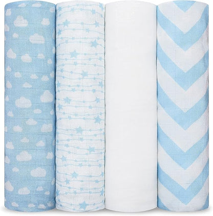 Comfy Cubs Muslin Swaddle Blankets Pack of 4, 47 x 47 Inches, Soft Cotton Baby Blanket Set, Large Multipurpose Swaddling Wraps for Newborns - Self-Soothing Swaddle - Blue