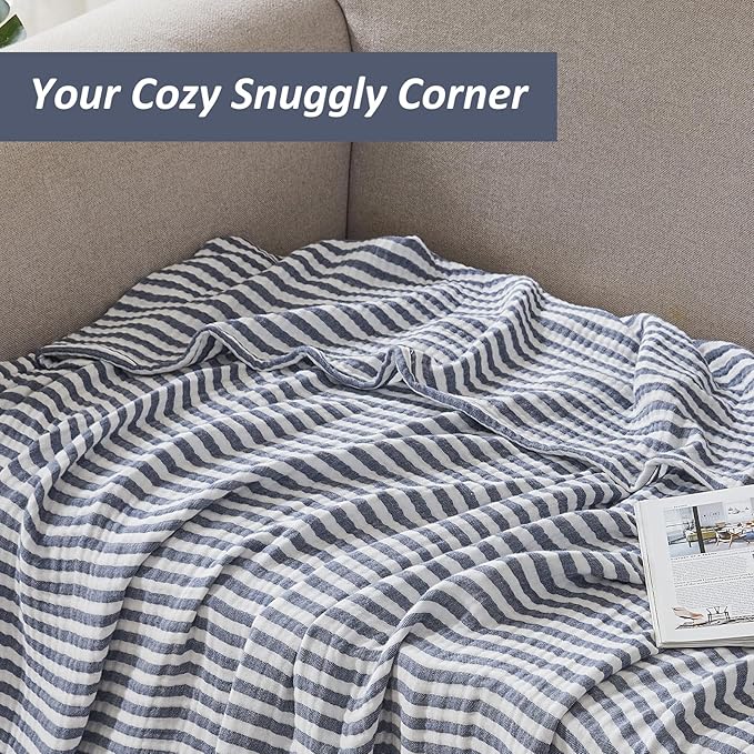 EMME Cotton Muslin King Blanket Bed Layering Bedspread Coverlet Breathable Gauze Soft Lightweight (Striped Navy, 108"x90")