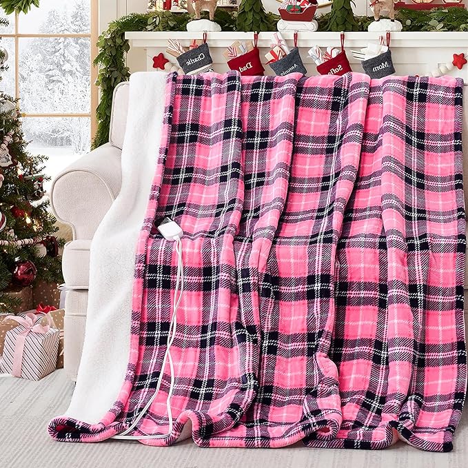 Electric Heated Blanket 90"x100",Fast Heating King with 8 Hours Auto Off/8 Heats Levels,Soft Pink Plaid Sherpa Electric Blanket with ETL Certification & Over-Heat Protection