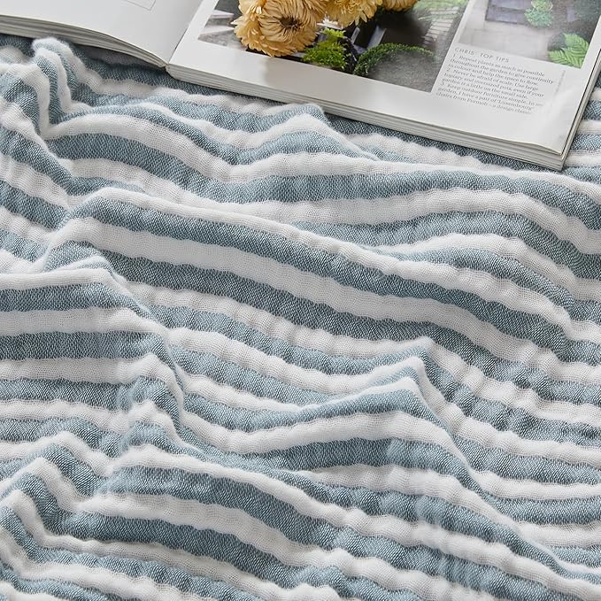 EMME Cotton Muslin Queen Blanket Bed Layering Bedspread Coverlet Breathable Gauze Soft Lightweight Adults (Striped Teal, 90"x90")