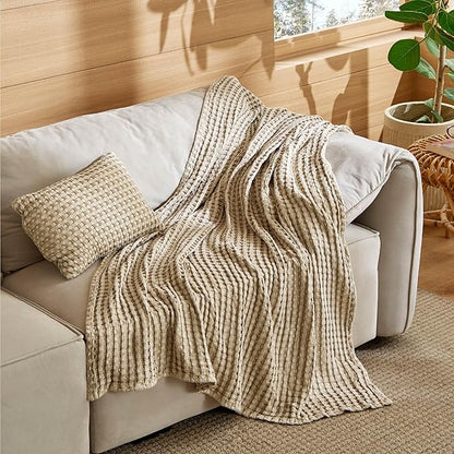 Bedsure 5 Pieces Cotton Comforter Set with Cotton Waffle Throw Blanket - White Comforter Full Size, Pillow Shams, Taupe Cooling Blanket of Rayon Derived from Bamboo for Hot Sleepers, Throw Pillow