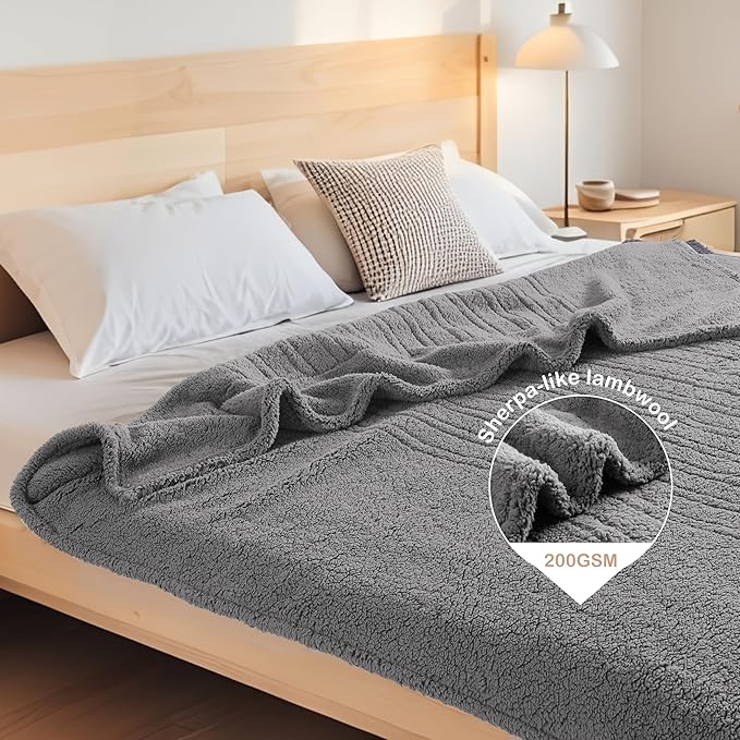 Electric Heated Blanket Queen Size 84"×90" Dual Control, 9 Heating Settings & 1-10Hs Auto Off, Overheat Protect, Double-Sided Plush Sherpa, for Couch & Bed, Machine Washable Light Gray