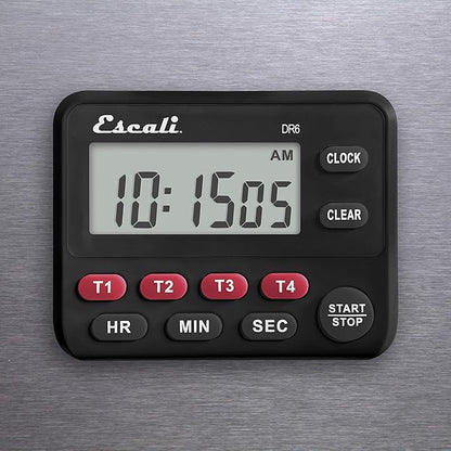 Escali Multi-Task Four Event Digital Kitchen Timer with Clock Mode, Magnetic Back, Overtime Counter