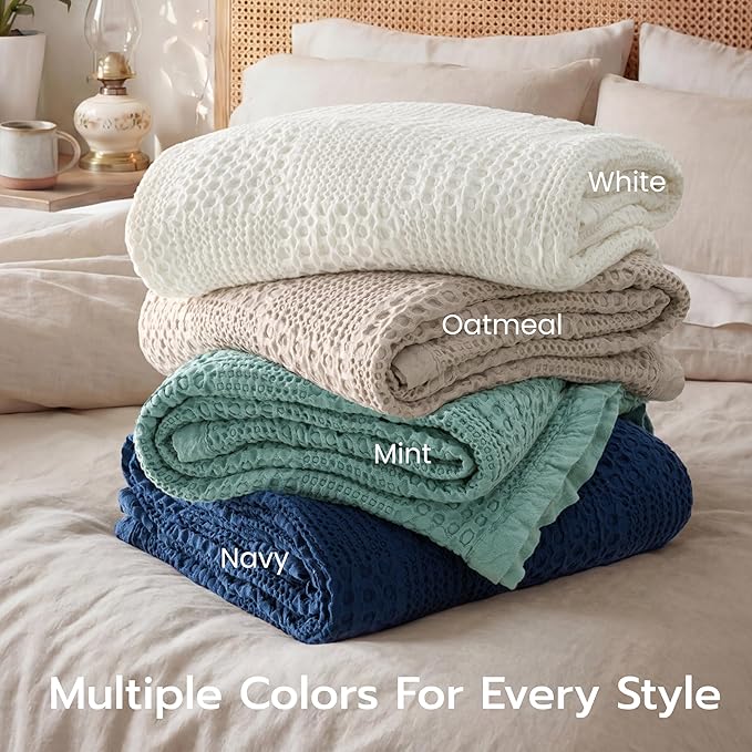 Joiedomi Cooling Waffle Blanket - Turkish Cotton Queen Size Soft White Blanket, Summer Breathable of Rayon Derived from Bamboo for Hot Sleepers, Luxuries Throw for Bed, Couch and Sofa, 90x90 Inches