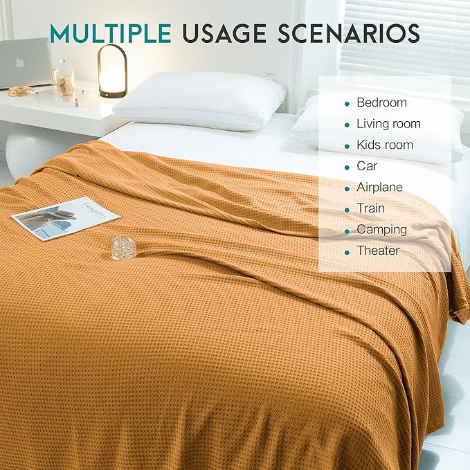 AmyHomie Cooling Waffle Blanket King Size, 100% Rayon Derived from Bamboo, Cool Summer Blanket for Hot Sleepers Soft Comfy Lightweight Blankets for All Seasons (Orange Yellow, 108×90in)