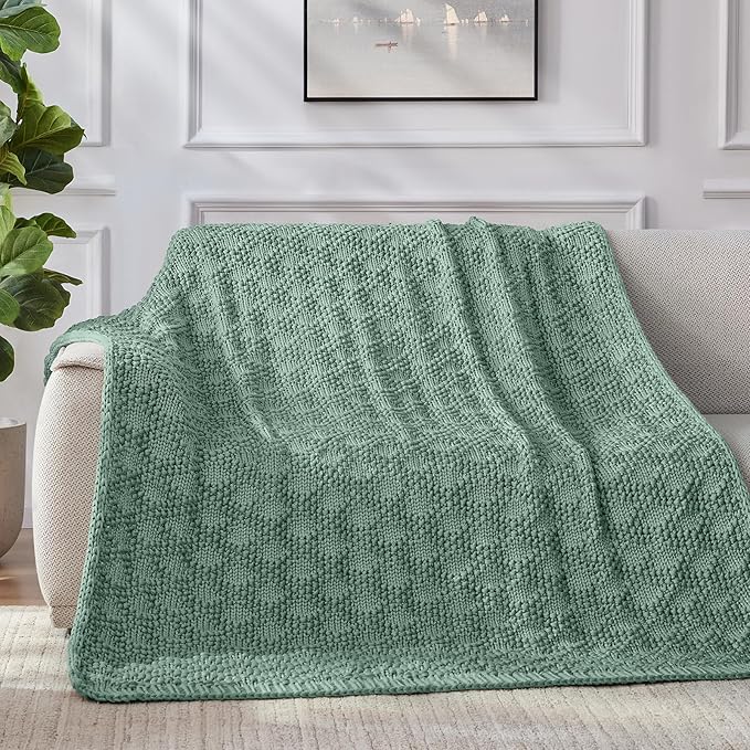 Knitted Weighted Blanket for Adult, Chunky Knit Weighted Throw for Sleep 48"*72" 12lbs, Cooling Breathable Heavy Blanket for Hot Sleepers, Machine Washable Blanket for Room Decor(HazeGreen)