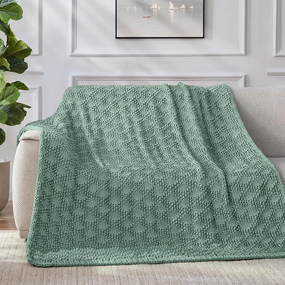 Knitted Weighted Blanket for Adult, Chunky Knit Weighted Throw for Sleep 48"*72" 12lbs, Cooling Breathable Heavy Blanket for Hot Sleepers, Machine Washable Blanket for Room Decor(HazeGreen)
