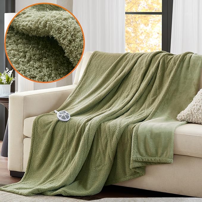 Serta Heated Blanket, Electric Twin Size, Soft, Warm, Fuzzy - Auto Shut Off Timer, 10 Lv Heat Setting, ETL Certified, 62" x 84" Sage