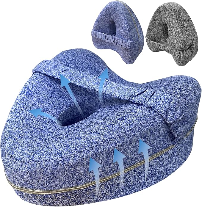 Knee Pillow for Side Sleepers, Leg Pillow with Elastic Strap, Smooth Spine Pillow for Side Sleeping, Thigh Pillows with Removable and Washable Cover, Light Blue