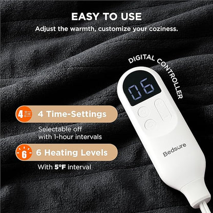 Bedsure Heated Blanket Throw Blanket - Fast Heating Electric Blanket, Soft Flannel Heated Throw with 4 Time Settings, 6 Heating Settings, Warm Gifts for Grandma Grandpa (50x60 inches, Black)