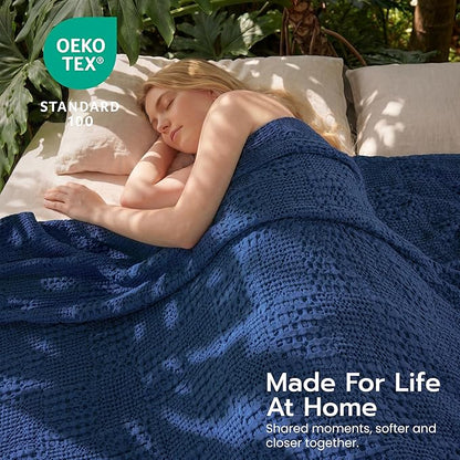 Joiedomi Cooling Waffle Blanket - Turkish Cotton Twin XL Size Soft Navy Blanket, Summer Breathable of Rayon Derived from Bamboo for Hot Sleepers, Luxuries Throw for Bed, Couch and Sofa, 66x90 Inches
