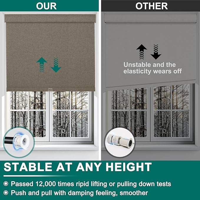 BERISSA Cordless Blackout Roller Shades for Windows,Free-Stop Linen Fabric Windows Blinds with Cassette Valance,Thermal Insulated UV Protection Roller Blinds for Home Office. Dark Brown.64 W x 72" H