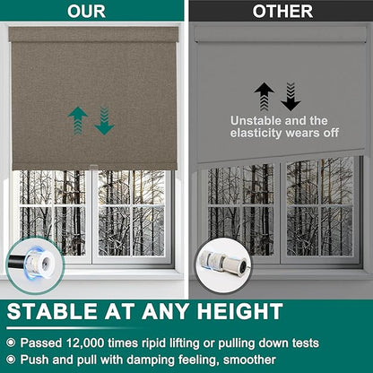 BERISSA Cordless Blackout Roller Shades for Windows,Free-Stop Linen Fabric Windows Blinds with Cassette Valance,Thermal Insulated UV Protection Roller Blinds for Home Office. Dark Brown.36 W x 48" H