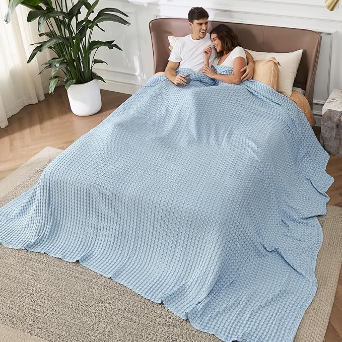 Bedsure Cooling Cotton Waffle Oversized King Blanket - Lightweight Breathable Rayon Derived from Bamboo for Hot Sleepers, Luxury Throws for Bed and Sofa, Light Blue, 120x96 Inches