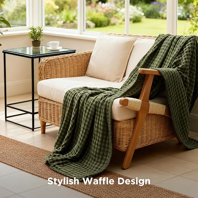 Bedsure Cooling Cotton Waffle Twin XL Blanket - Lightweight Breathable Blanket of Rayon Derived from Bamboo for Hot Sleepers, Luxury Throws for Bed, Couch and Sofa, Olive Green, 66x90 Inches