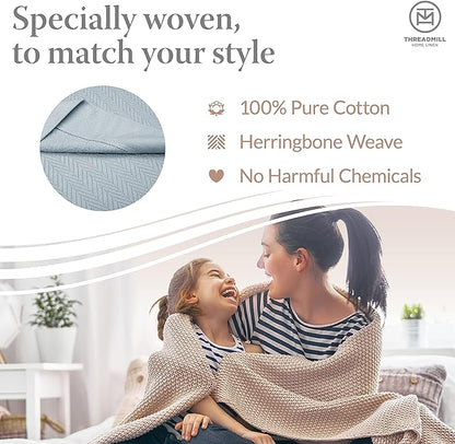 Threadmill Luxury Cotton Blankets for Twin Size Bed | All-Season 100% Cotton Twin Blanket for Bed | Herringbone Soft & Cozy Fall Thermal Blanket, 350GSM, 68x92 inches | Vanilla Cream