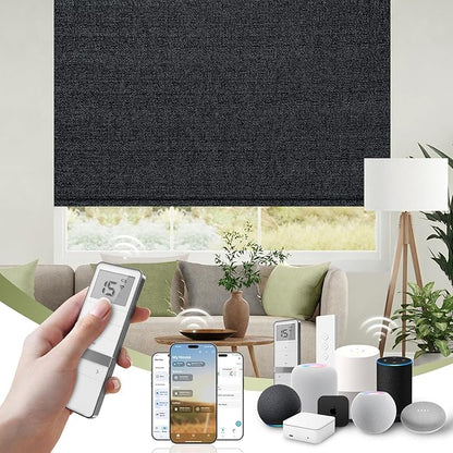 FineTell Motorized Blinds with Remote, 100% Blackout Roller Shades Compatible with Alexa,Apple Homekit,Google Home APP and Voice Control, Customized Electric Blinds (100% Blackout Eclipse Onyx Black)