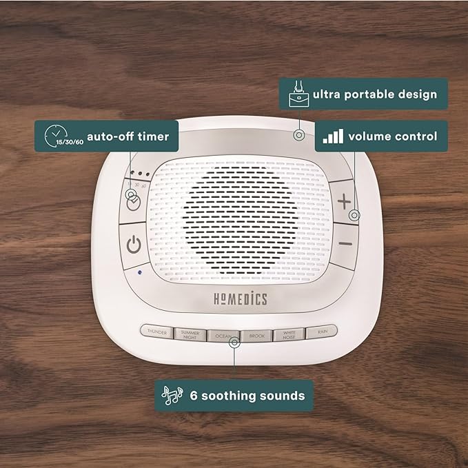 Homedics SoundSleep Rejuvenate White Noise Sleep Machine, Small Travel Sound Machine with 6 Relaxing Nature Sounds, Portable Sound Therapy for Home, Office, Nursery, Auto-Off Timer, by Homedics