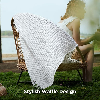 Bedsure Cooling Cotton Waffle Weave Blanket - Lightweight Breathable Blanket of Rayon Derived from Bamboo for Hot Sleepers, Luxury Throws for Bed, Couch and Sofa, White, 50x70 Inches