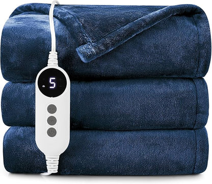 HYLEORY Heated Electric Blanket Throw, 2-Layer Cozy Warm Flannel 62" x 84", Heating Blanket with 9 Heating Levels, 2/4/6/10 Hours Auto Off, Fast Heating Winter Blanket, Navy Blue