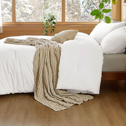 Bedsure 5 Pieces Cotton Comforter Set with Cotton Waffle Throw Blanket - White Queen Comforter, Pillow Shams, Taupe Cooling Blanket of Rayon Derived from Bamboo for Hot Sleepers, Throw Pillow