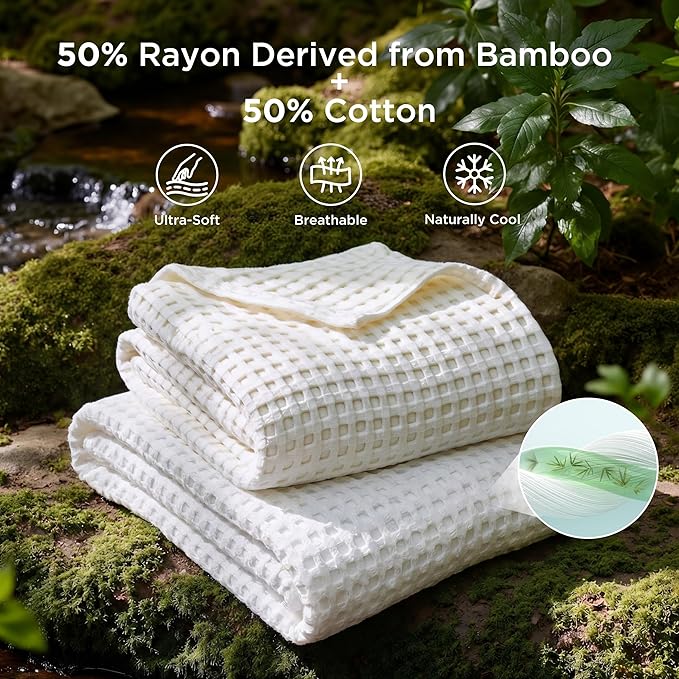 Bedsure Cooling Cotton Waffle Full Size Blanket - Lightweight Breathable Blanket of Rayon Derived from Bamboo for Hot Sleepers, Luxury Throws for Bed, Couch and Sofa, White, 80x90 Inches
