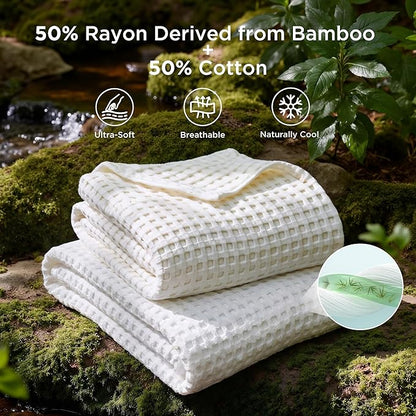 Bedsure Cooling Cotton Waffle Queen Size Blanket - Lightweight Breathable Blanket of Rayon Derived from Bamboo for Hot Sleepers, Luxury Throws for Bed, Couch and Sofa, White, 90x90 Inches