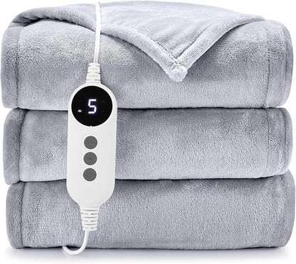 HYLEORY Heated Electric Blanket Throw, 2-Layer Cozy Warm Flannel 50" x 60", Heating Blanket with 9 Heating Levels, 2/4/6/10 Hours Auto Off, Fast Heating Winter Blanket, Light Grey