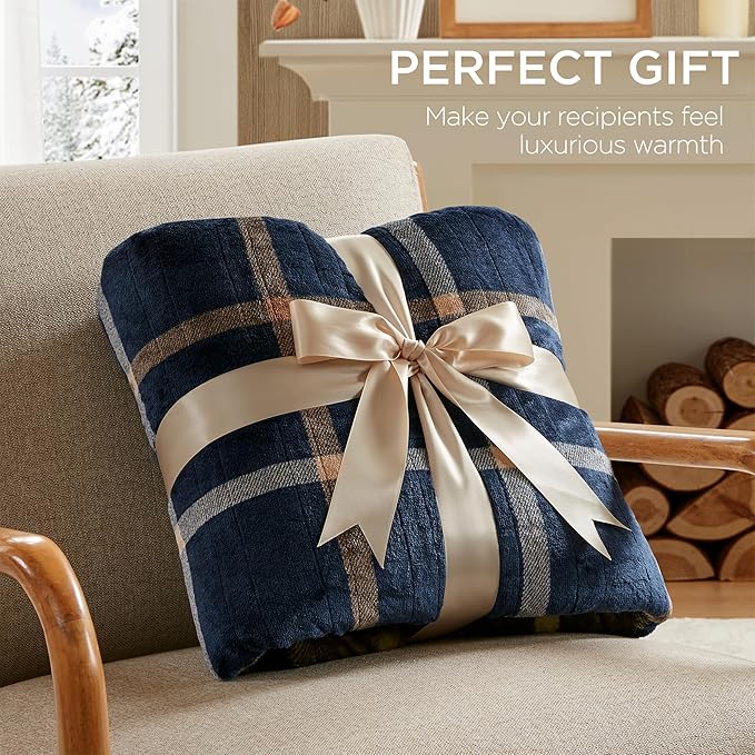 Woolrich Heated Throw Blanket with Ultra Soft Plush and Sherpa Reverse, 12 Heat Settings, Auto Shut-Off, Farmhouse & English Country Gift Throw – Navy Plaid Pattern, 50"x60"