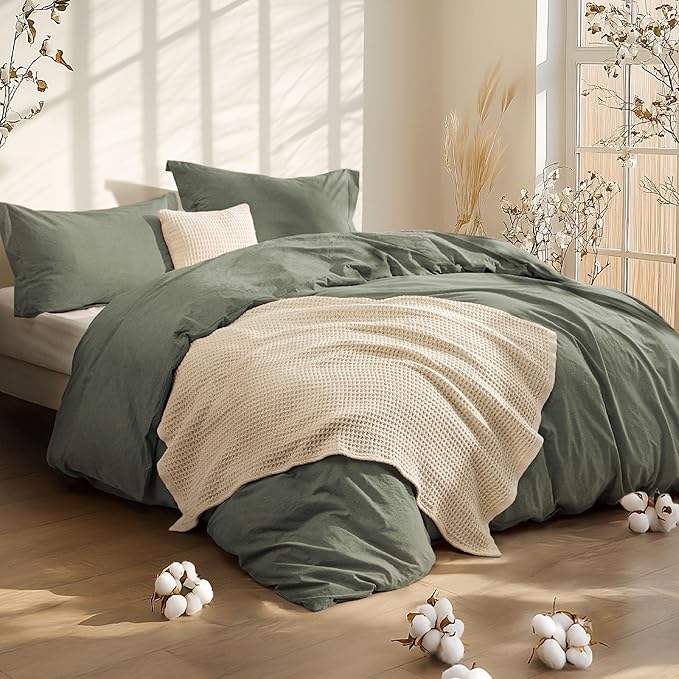 Bedsure 5 PCS Cotton Comforter Set with Waffle Throw Blanket - Breathable Bedding Set for All Seasons, Olive Green Comforter King Size, Pillow Shams, Beige 100% Cotton Blanket, Throw Pillow