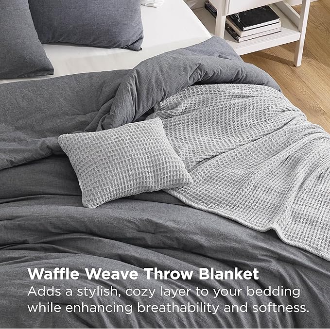 Bedsure 5 PCS Cotton Comforter Set with Waffle Throw Blanket - Soft Breathable Bedding Set for All Seasons, Dark Grey Comforter Full Size, Pillow Shams, Grey 100% Cotton Blanket, Throw Pillow