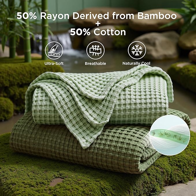 Bedsure Cooling Cotton Waffle Weave Throw Blanket - Lightweight Breathable Blanket of Rayon Derived from Bamboo for Hot Sleepers, Luxury Throws for Bed, Couch and Sofa, Olive Green, 50x70 Inches