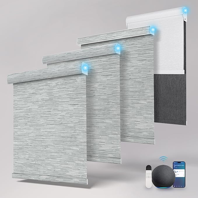 BERISSA Motorized Blinds with Remote,Blackout Smart Roller Shades with App,Voice Control,Jacquard Fabric,Thermal Insulated Automatic Blinds,Electric Shades with USB/Solar Pannel.Maze Grey