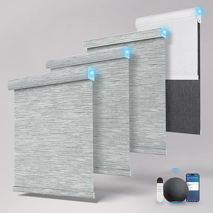 BERISSA Motorized Blinds with Remote,Blackout Smart Roller Shades with App,Voice Control,Jacquard Fabric,Thermal Insulated Automatic Blinds,Electric Shades with USB/Solar Pannel.Maze Grey