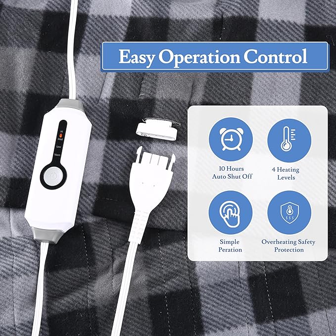 Electric Heated Blanket 72"x84" Full Size Ultra-Soft Fleece - 4 Heat Settings & 10H Auto Shut Off, Fast Heating, Machine Washable for Bed, Couch, Office - Grey Checkered Pattern