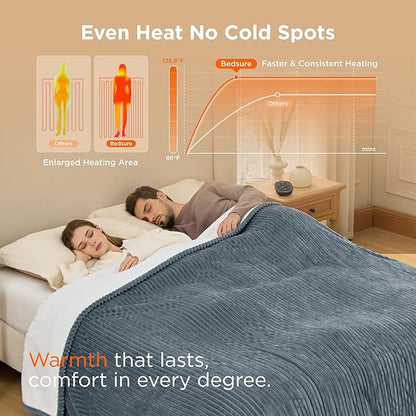 Bedsure GentleSoft Electric Blanket Queen Size - Soft Ribbed Flannel Heated Blanket with Dual Control, Heating with 10 Heat Settings & 10 Time Settings, 8 hrs Timer Auto Shut Off (84x90 inches, Grey)
